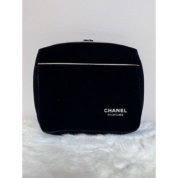 Chanel Parfums Black Velvet Cosmetic Pouch With Gold Detailing & Zipper Closure - Picture 1 of 10